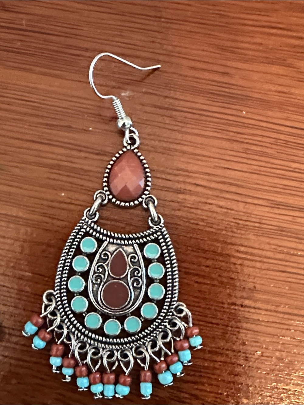 Boho Teardrop Dangle Earrings in Turquoise and Rust - Women Jewelry - Picture 4 of 8